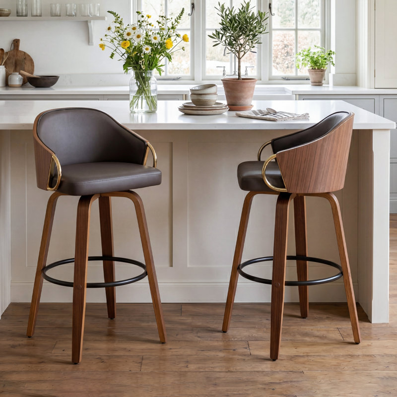 Mahtab Modern Set Of 2 Swivel Bar Stools With PU Upholstery And Wood Legs, Counter Stool (25" Seat Height), Dark Brown