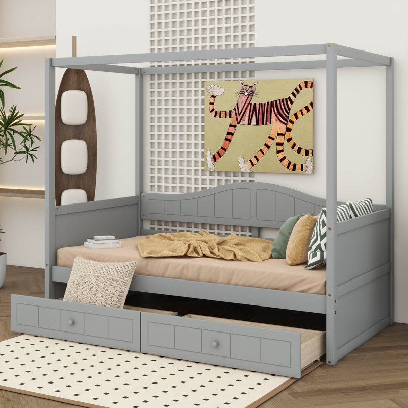 Twin Size Canopy Bed With 2 Drawers, Wooden Daybed Frame, Sofa Bed, Platform Bed Frame For Kids, Teens, Adults, Gray