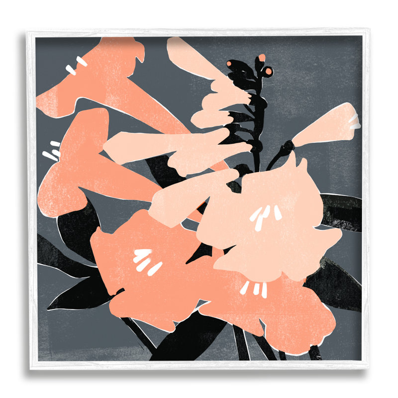 Lys roses sur fond gris foncé, branches neutres sur fond blanc, estampe numérique par Emma Scarvey