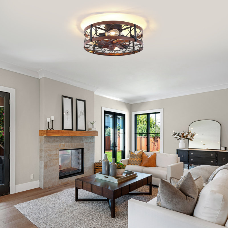 20" Flush Mount Caged Ceiling Fan with Lights and Remote Control, 20", Walnut