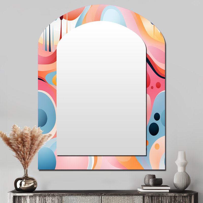 Pink Fusion Abstractions In Motion - Midcentury Asymmetrical Large Mirror, Modern Arch Decorative Wall Mirror, Printed Metal Art