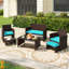 Ensemble de 6 meubles de patio avec 1 causeuse, 1 table basse, 2 fauteuils et 2 repose-pieds turquoise-739856790-739856794