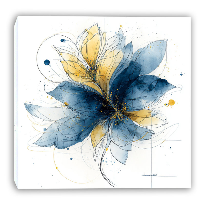 Abstrait art floral sur toile tendue or bleu, H 20 po x l 20 po x P 1,5 po
