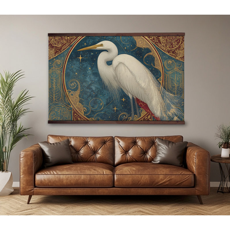 Très grande tapisserie héron sur toile, H 45 po x l 73 po