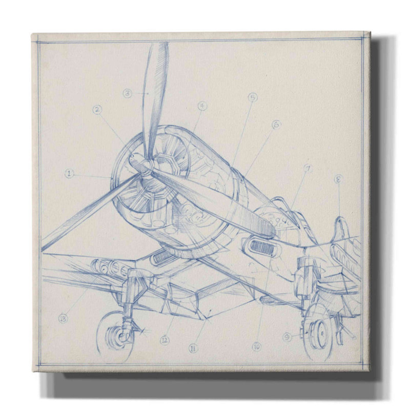 "Aéronautique, croquis mécanique II" par Ethan Harper, art mural sur toile, H 12 po x l 12 po x P 0,75 po