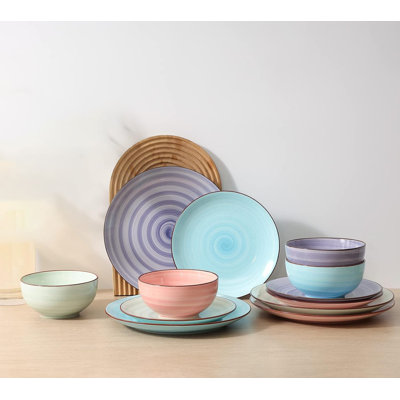 Ensemble 12 pièces de vaisselle en céramique, assiettes et bols pour 4, lavable au lave-vaisselle, couleur dégradée