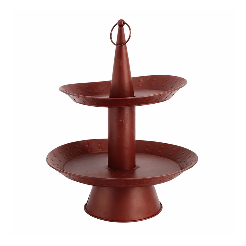 Decorative Tray, 2-Tiered Oval Shape, Loop Handle, 15 Inch Red Metal Finish