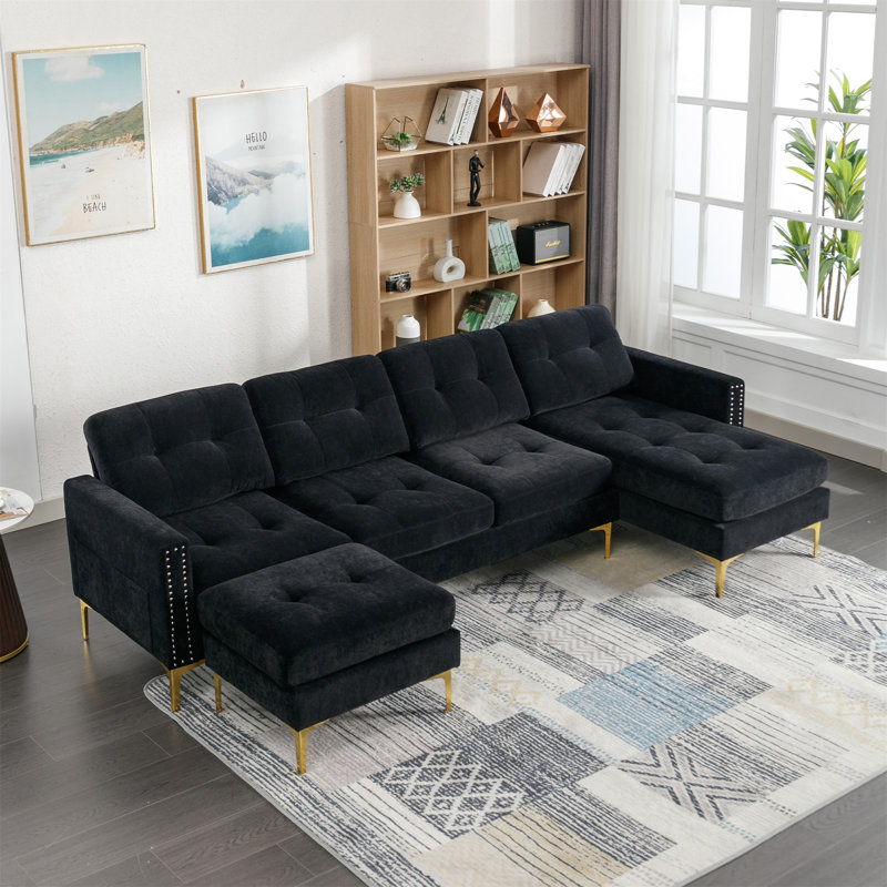 Canapé modulaire 3 pièces Jiuliana, Velours noir, Argent