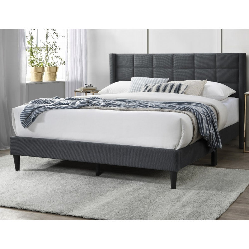 Élégant grand lit moderne en lin brossé gris anthracite, aucun sommier nécessaire, plateforme robuste, Gris anthracite