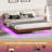 Floating Bed Frame Of King Dimensions With Walnut - Colored Finish And Led Lights For Decoration, Wave Formed Wood Texture, Metal Slats Support, No Box Spring Setup, Invisible Suspension Design-1634865827-1634865829