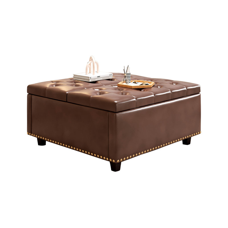 Grand tabouret de rangement carré avec deux portes de rangement, tabouret pour le salon, table basse de style Mid-Century avec incrustation de têtes de clous, cuir de polyuréthane brun
