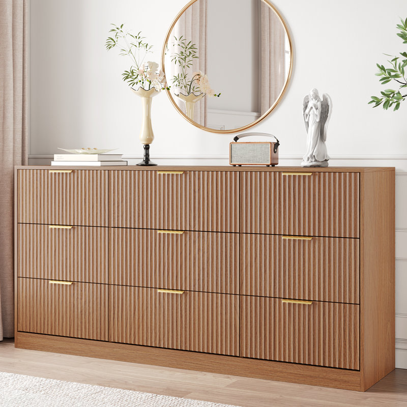 Fluted Dresser For Bedroom With 9 Drawers, 63" Wide Modern Chest Of Drawers With Metal Handle, Brown