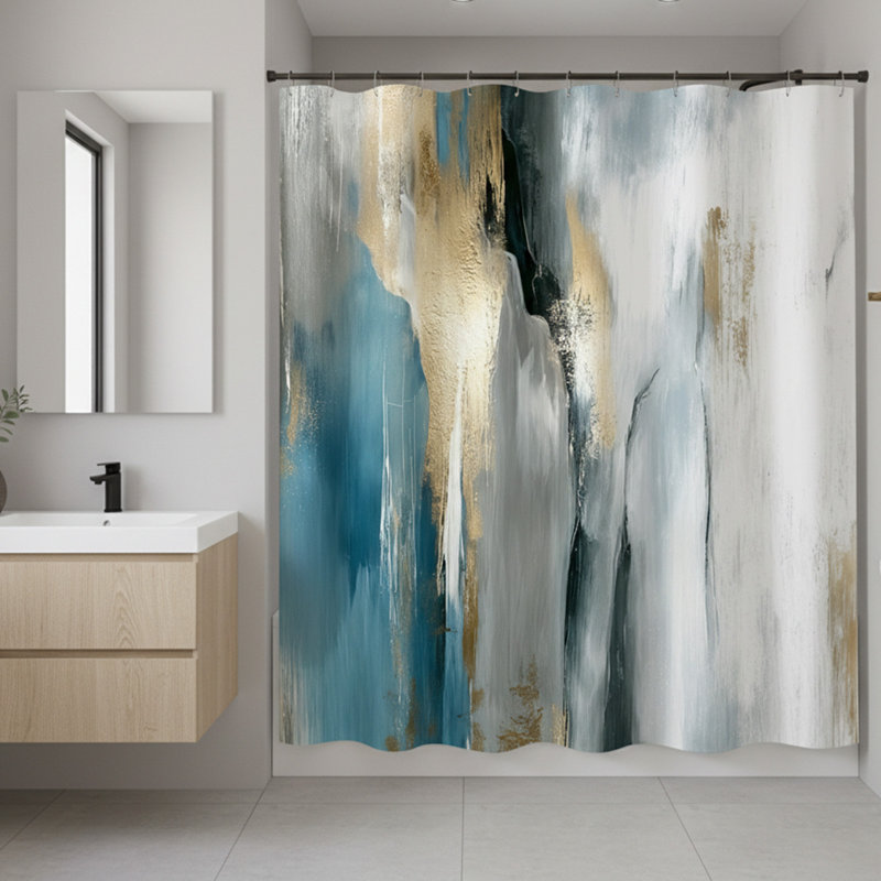 Ensemble de rideau de douche abstrait à texture de marbre bleu-or abstrait avec crochets 72 po x 72 po