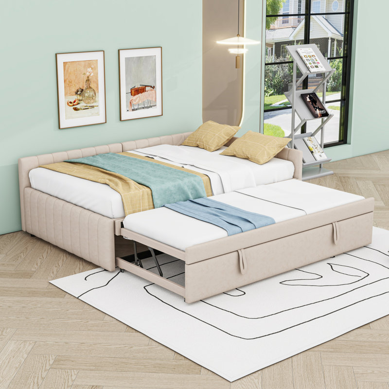 Full L-Shaped Upholstered Daybed with Twin Pop Up Trundle, Beige