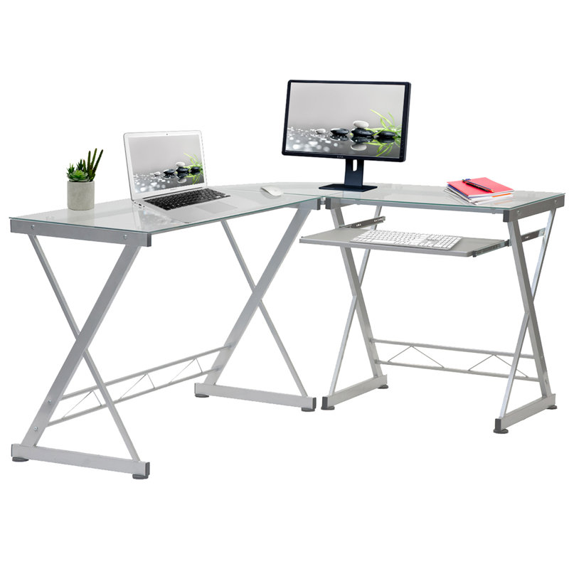 L-Shaped Tempered Glass Top Computer Desk With Pull Out Keyboard Panel, Clear