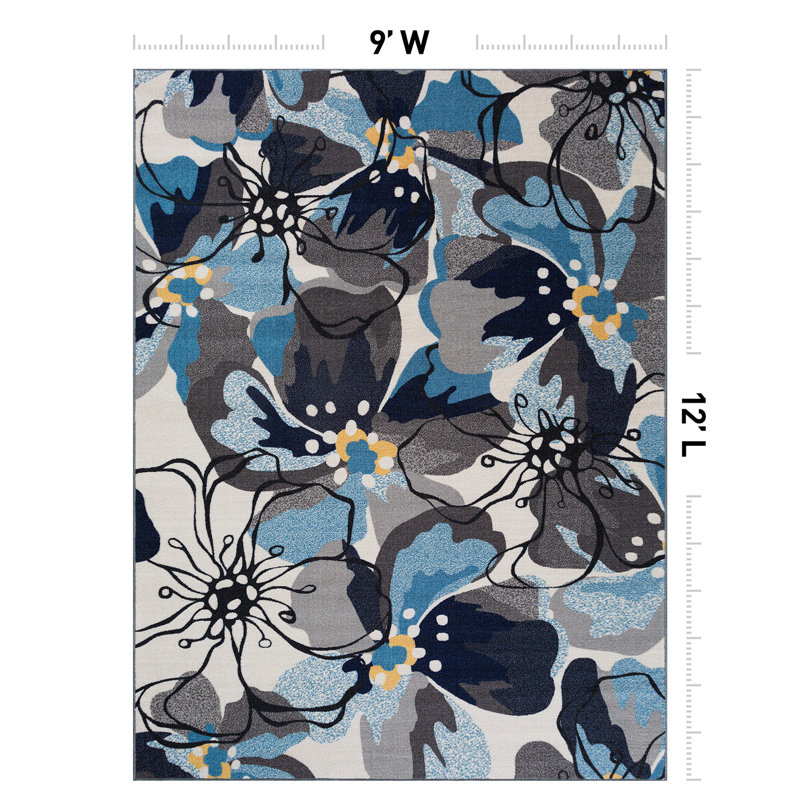 Florentia Floral Black/Gray/Cream Non-Slip Rubberback Area Rug, Rectangle 9' x 12'