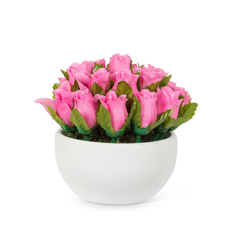 Fabric Rose Arrangement in Planter, Pink