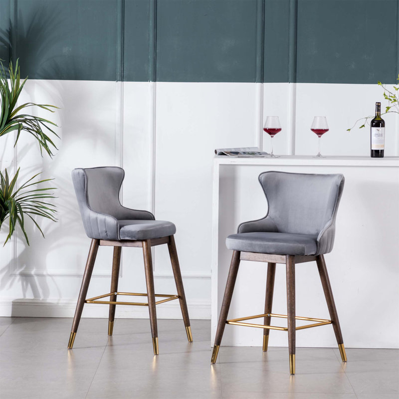 Ensemble de 2 tabourets à oreilles à hauteur de comptoir rembourrés en tissu Leland, style Mid-Century confortable et élégant avec pieds en bois d'hévéa massif