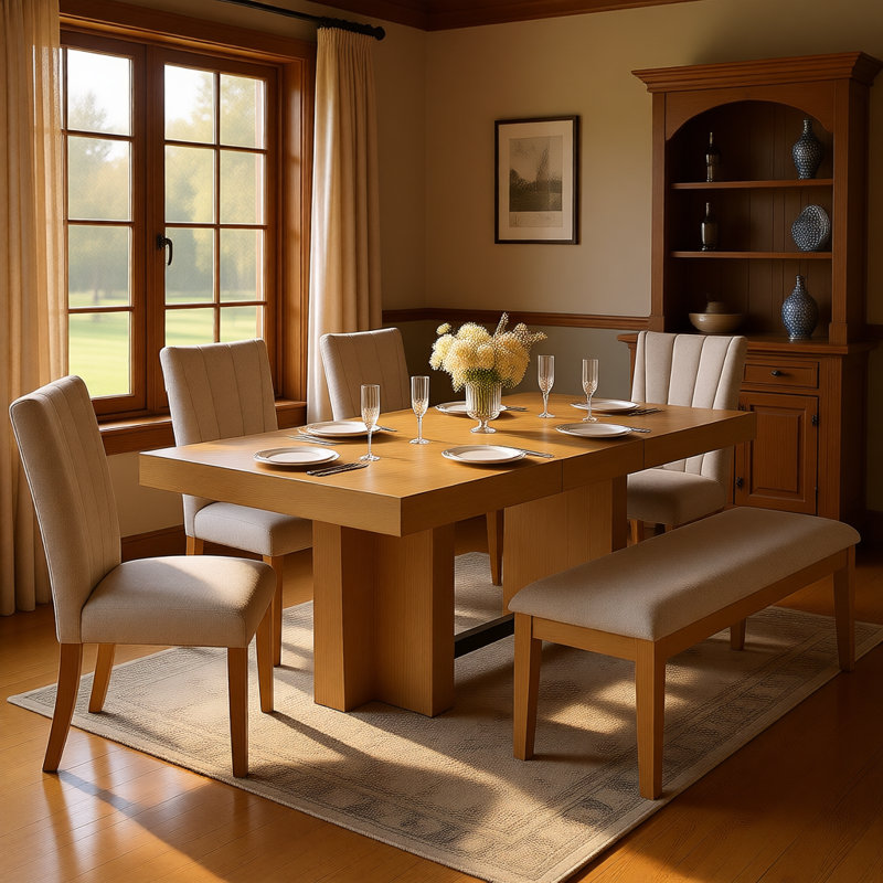 Farmhouse 78.1" Extendable Dining Set for 6 with Bench, 4 Upholstered Chairs, Thick Tabletop, Beige, Yellow, Yellow