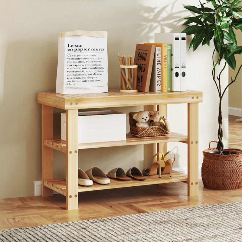 6-9 Pair of Shoes Natural Bamboo Shoe Rack Bench, 3-Tier Multi-Functional Shoe Storage and Bench, Space-Saving Organizer