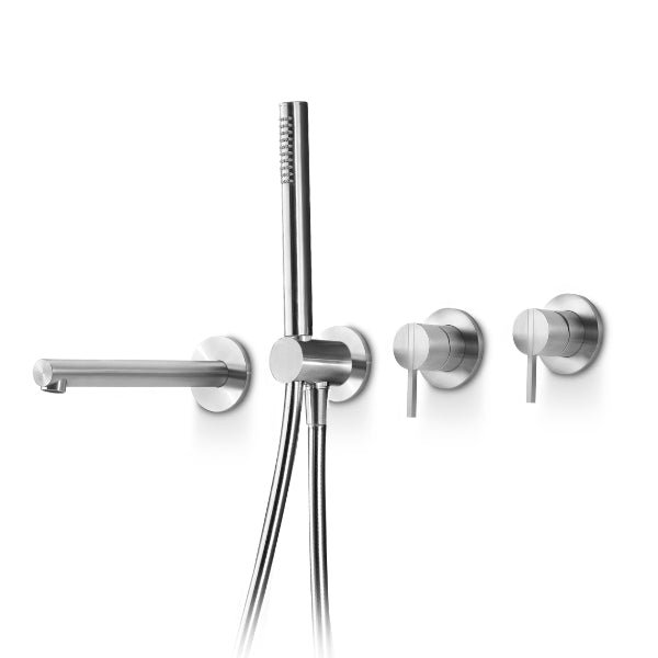 Acquaco Linki Stylo Wall Mount Four-Hole Two Handle Bathtub Faucet with Hand Shower with 8-7/8'' Spout Reach, Satin Stainless
