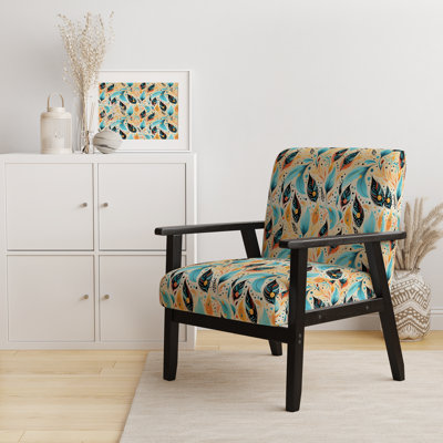 Yellow And Blue Eclectic Boho Feather - Velvet Upholstered Bohemian Arm Chair, Orange Accent Chair