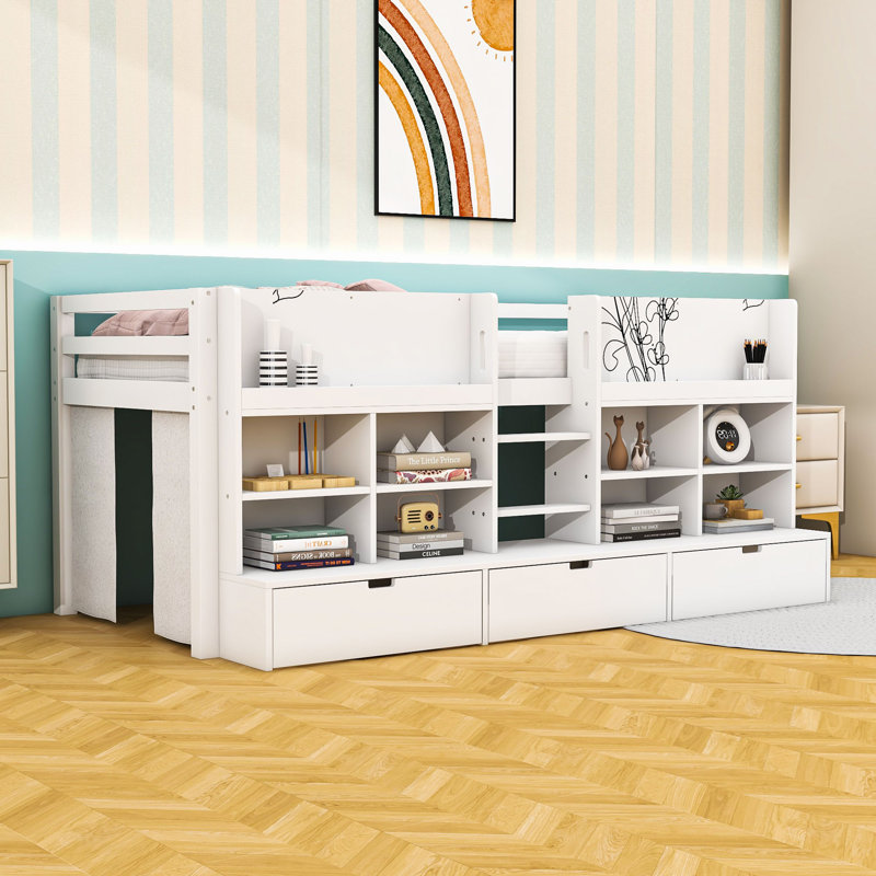 Multi-Functional Wooden Low Loft Bed with Built-in Storage Drawers and Shelves, White, Twin XL