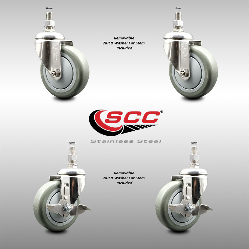 316SS Polyurethane Swivel Threaded Stem Caster Set 2 Brake