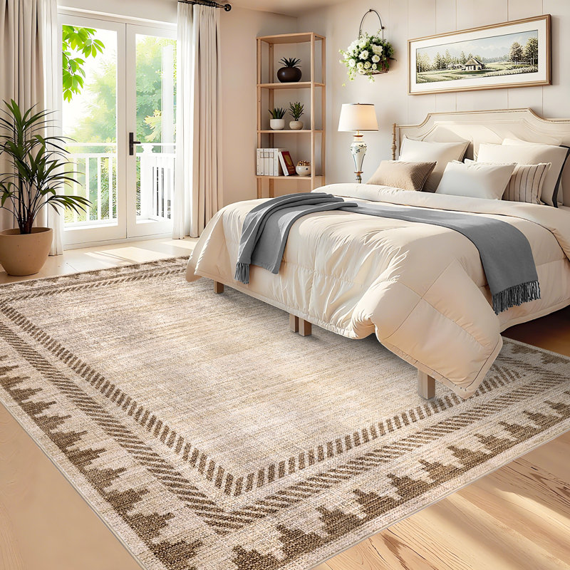 Washable Rugs Modern Solid Bordered Neutral Area Rug for Living Room Non Slip TPR Backing Throw Rug Non Shedding Stain Resistant Carpet for Bedroom Dining Room
