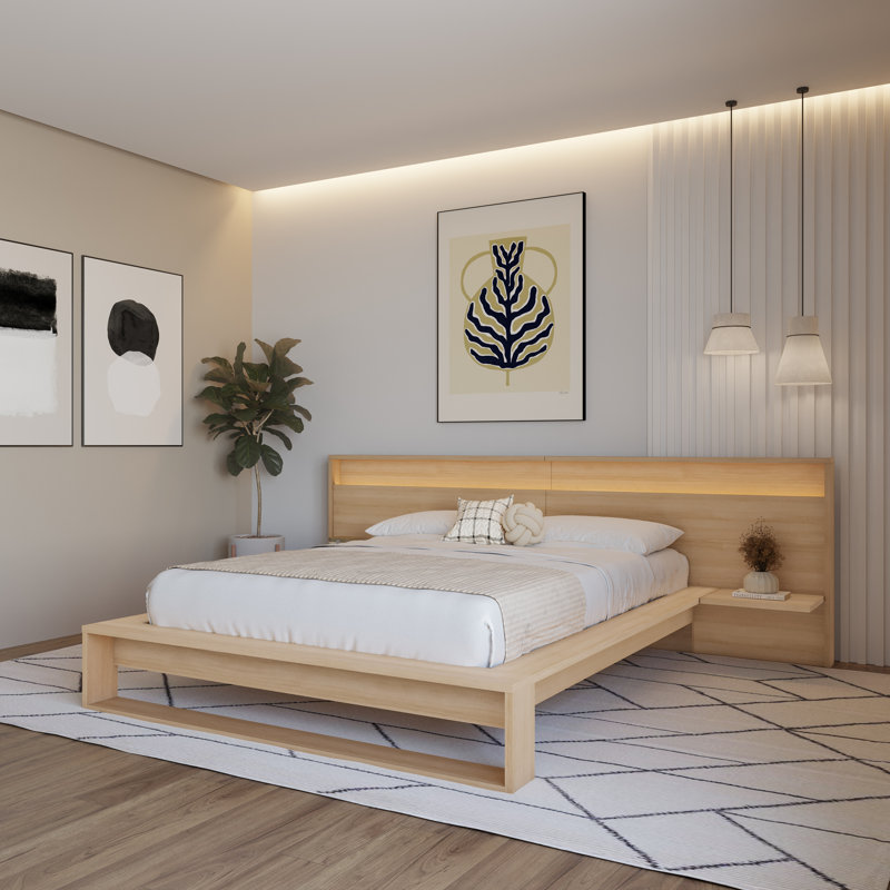 Lido Queen Size Bedframe with Wide Headboard with Integrated Lights, Beige