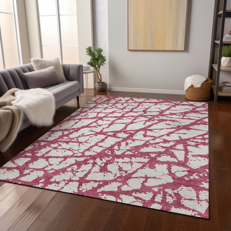 Blush and White Abstract Machine-Washable Indoor/Outdoor Rug