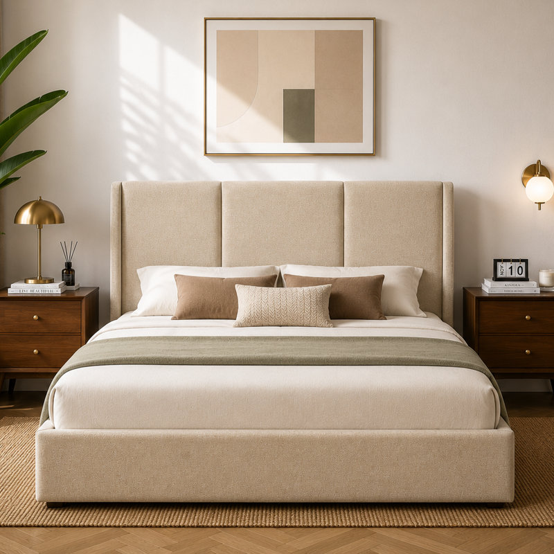 Juanetta Hydraulic Lift Up Storage Wingback Upholstered Platform Bed, King, Beige