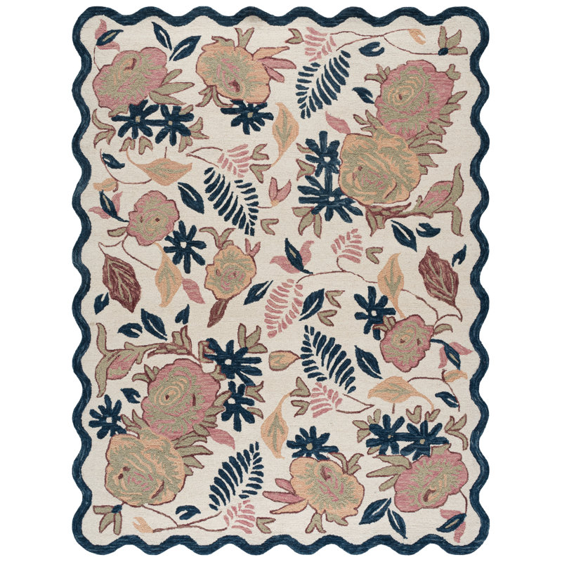 Laine touffetée à la main Jardin; Tapis d'intérieur floral en coton, Rectangulaire 8 pi x 10 pi