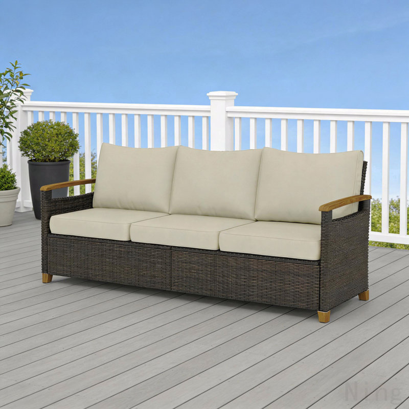 Wicker Patio Sofa,3 Seater Outdoor Couch Sofa,Wide Deep Seat Sofa, Beige