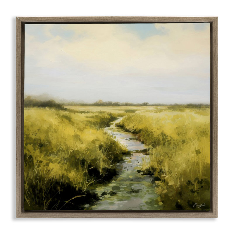 «Calming Horizon Stream», art mural encadré par Roozbeh Bahramali, H 18 po x l 18 po, Cadre flottant gris lustré