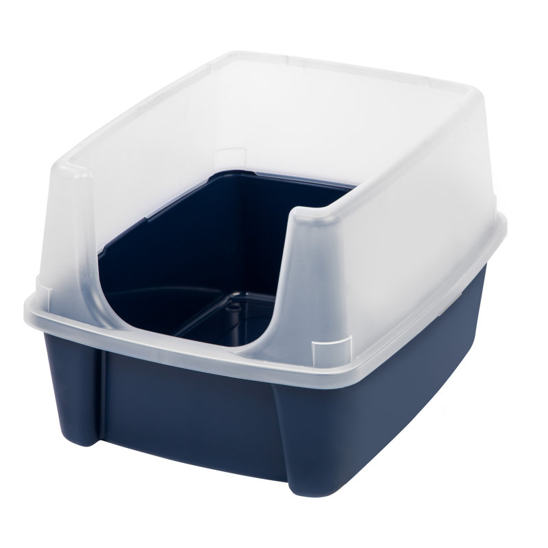 Navy Plastic Open-Top Cat Litter Box with Shield