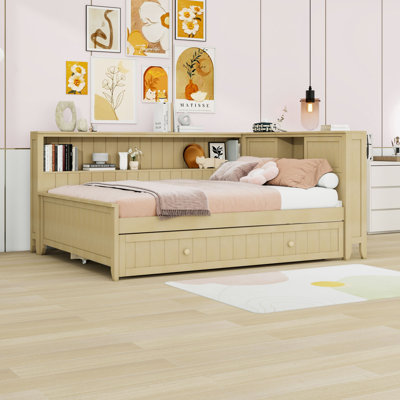 Lit de jour double en bois avec tablettes de rangement et lit gigogne