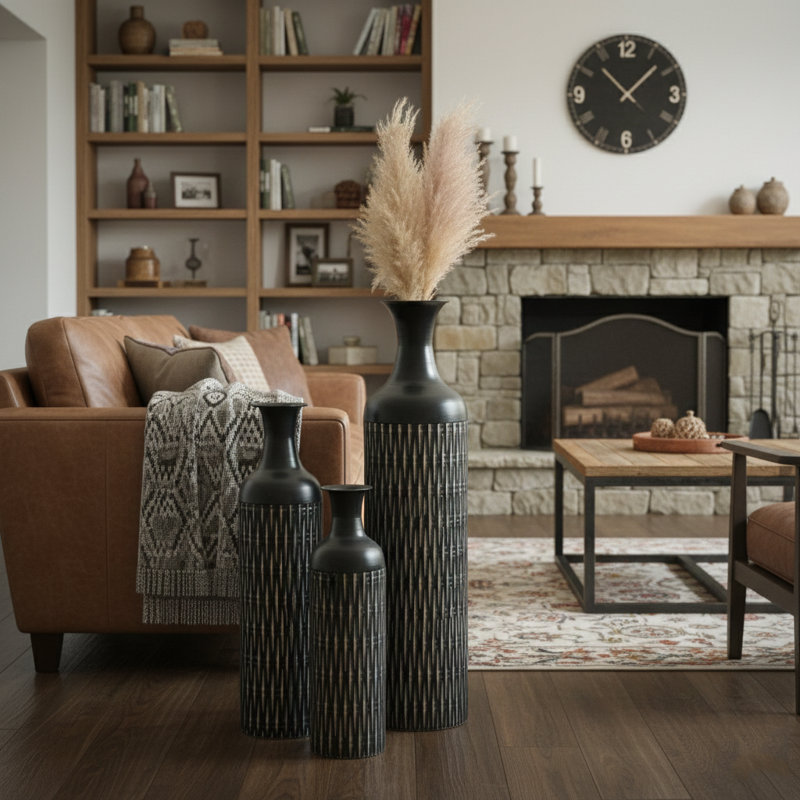 Modern Matte Black Metal Floor Vase Set of 3 - Textured Tall Decorative Vases for Living Room, Entryway & Office (Up to 33" Tall)