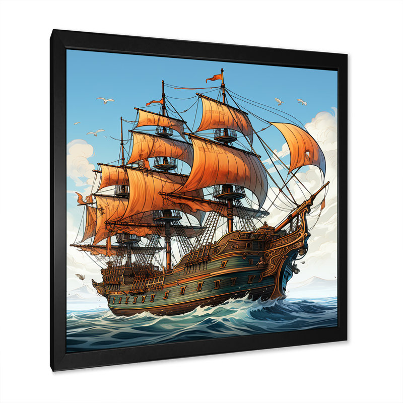 Dessin d'aventure, bateau pirate - Art mural, Cadre photo noir, H 16 po x l 16 po x P 1 po