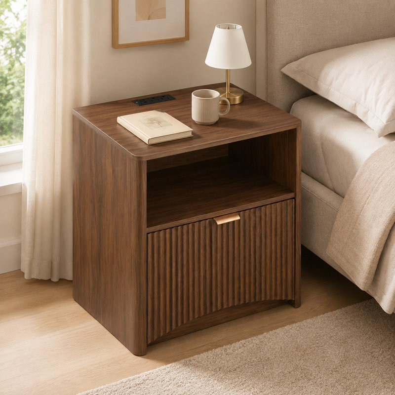 Ensemble de 2 tables de chevet cannelées modernes Mid Century avec station de charge