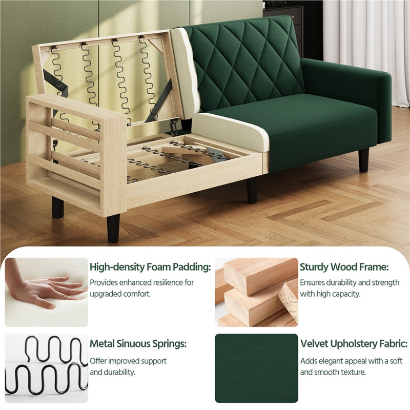 2-Seater Sofa Bed Aidden With Adjustable Backrest, Green