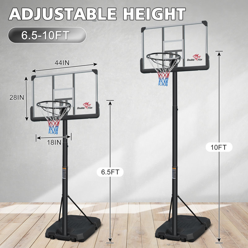 Panier de basketball d'extérieur réglable en hauteur de 6,5 à 10 pieds avec panneau de 44 pouces - Système de but portatif avec base stable et roues