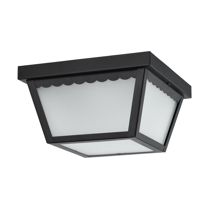 Transitional 9" Black Steel LED Carport Flush Mount with Frosted Glass
