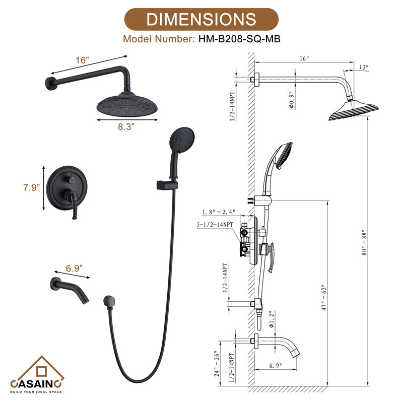 Retro Wall Mount 3 Funtions Rainfall Shower System with 3 Setting Handheld, Bath Spout, Rough-In Valve and Diverter