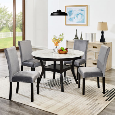 5-Piece Mella Dining Set - Round Faux Marble Table With 4 Gray Velvet Parsons Chairs,Round Table Top,dinning table set -  House of Hampton®, AC307391923D491EBD658C20AF4E57F9