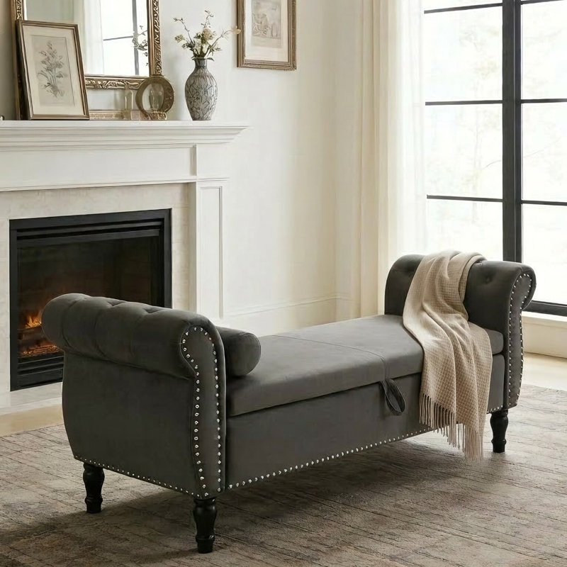 Velvet Upholstered Storage Bench, Gray