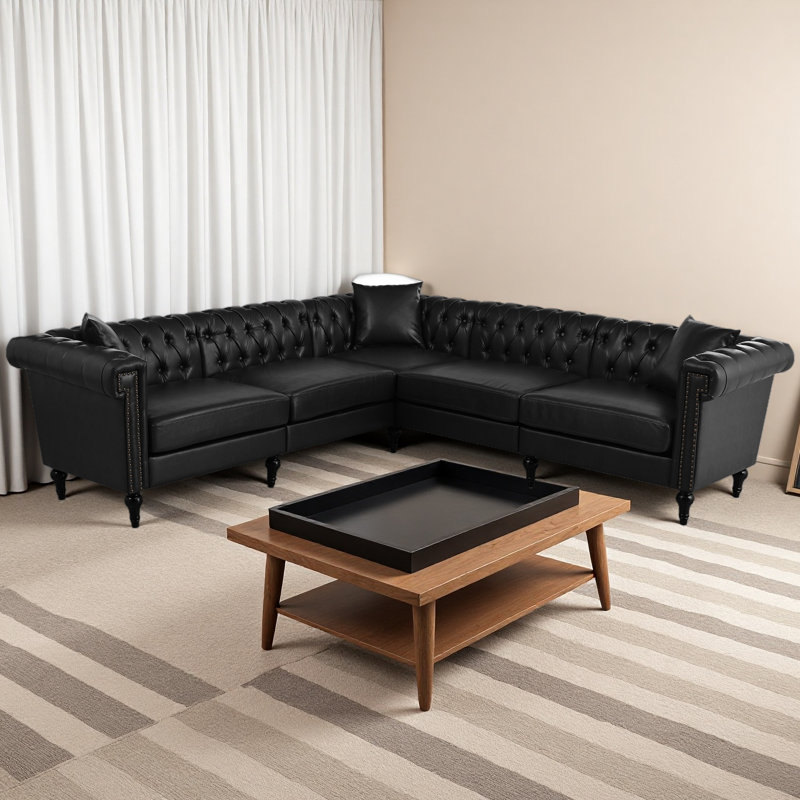 Canapé modulaire pour salon, canapé Chesterfield moderne en L réversible avec accoudoirs roulés et cuir clouté