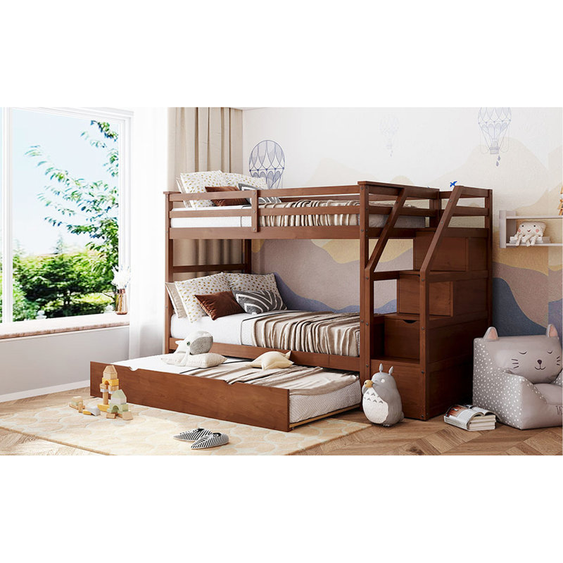 Spacieux lit superposé Twintwin en noyer avec lit gigogne et capacité de rangement organisé