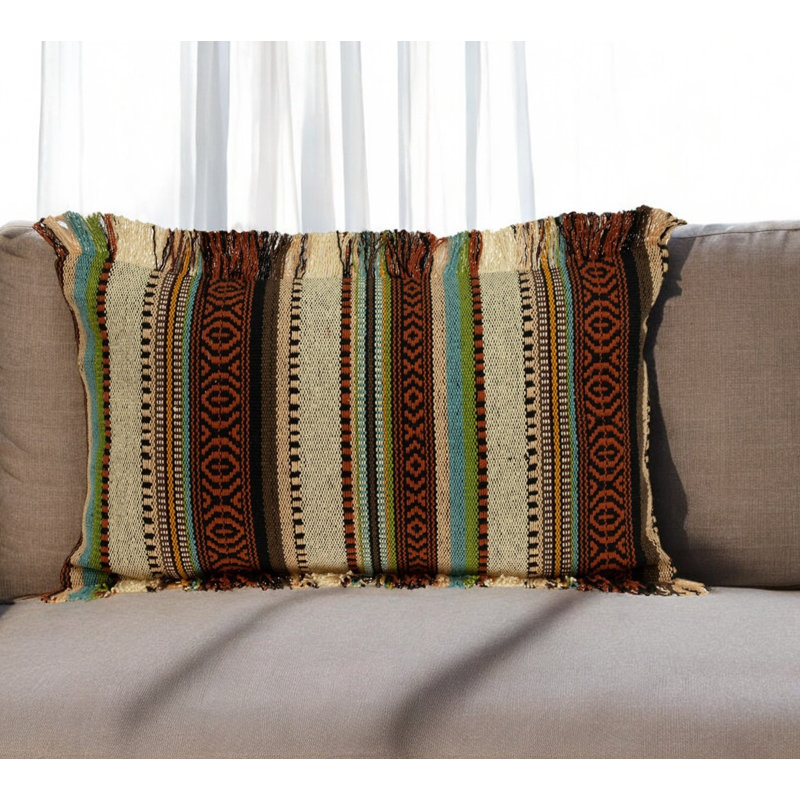 14" X 24" Brown and Beige Cotton Throw Pillow With Fringe