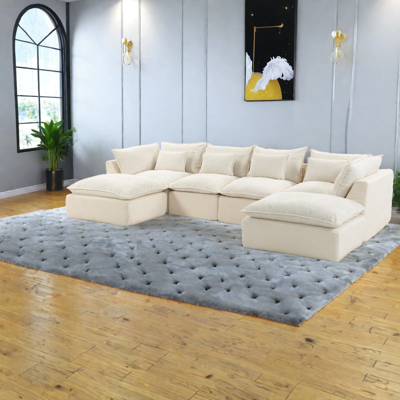 Spacious Velvet Sofas, Antique White Modular Cloud Couch For Modern Living